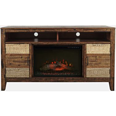 Painted Canyon 60 Inch Storage Console TV Stand with Electric Fireplace In Distressed Brown