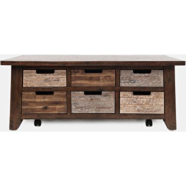 Painted Canyon Box Coffee Table with Pull Through Drawers and Caster Wheels In Distressed Brown