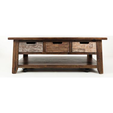 Painted Canyon 50 Inch Coffee Table with Pull Through Drawers and Caster Wheels In Distressed Brown