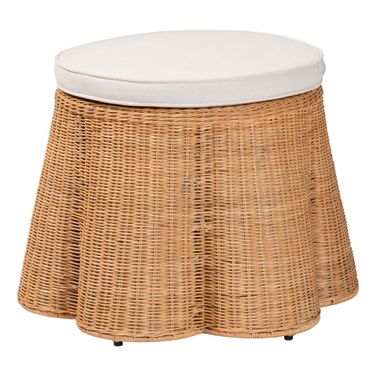 Palm Scallop Natural Rattan 26 Inch Round Ottoman with Cushion In Light Honey