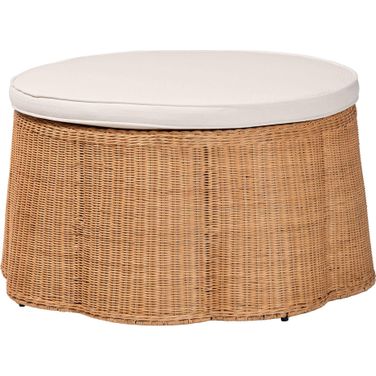 Palm Scallop Natural Rattan 32 Inch Round Ottoman with Cushion In Light Honey