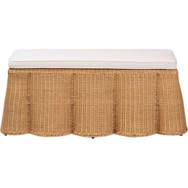 Palm Scallop Natural Rattan Rectangle Ottoman with Cushion In Light Honey