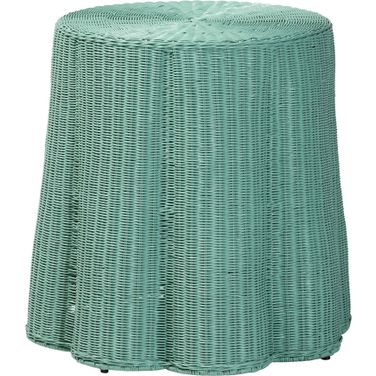 Palm Scallop Natural Rattan Round Console Table In Teal Green