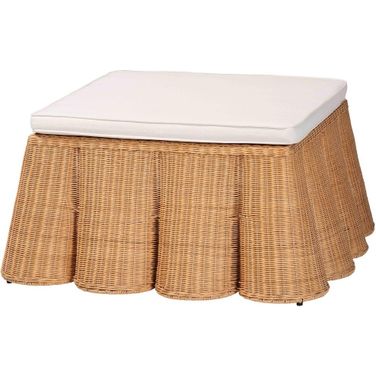 Palm Scalloped Rattan Ottoman with Cushion In Light Honey
