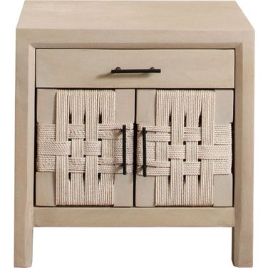 Palm Solid Mango Wood 2-Door and 1-Drawer End Table In Natural Finish With Woven Rope Door Fronts