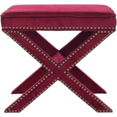 Palmer Red Velvet Ottoman with Brass Nailhead Detail