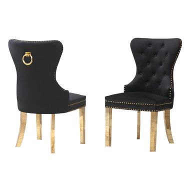 Pam Double Tufted Side Chairs Set of 2 In Black Velvet and Gold Stainless Steel Legs