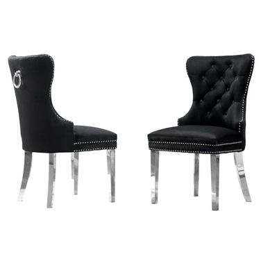 Pam Tufted Side Chairs Set of 2 In Black Velvet and Silver Stainless Steel