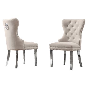 Pam Tufted Side Chairs Set of 2 In Cream Velvet and Silver Stainless Steel