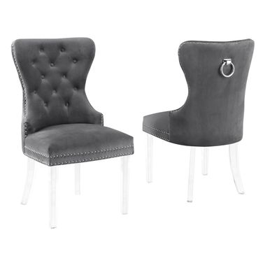 Pam Tufted Side Chairs Set of 2 In Dark Gray Velvet and Clear Acrylic Legs