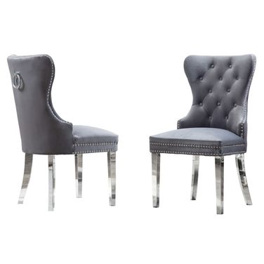 Pam Tufted Side Chairs Set of 2 In Dark Gray Velvet and Silver Stainless Steel
