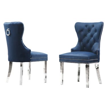 Pam Tufted Side Chairs Set of 2 In Navy Blue Velvet and Silver Stainless Steel