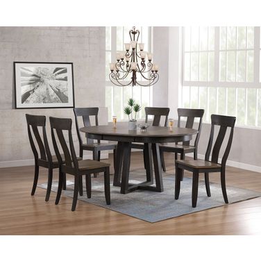 Panel Back 7-Piece Cross Pedestal Dining Set In Grey Stone and Black Stone