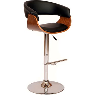 Paris Black Faux Leather Adjustable Height Swivel Walnut Wood and Chrome Bar Stool