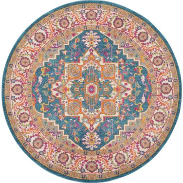 Passion 8' x 8' Round Indoor Rug In Teal and Multicolor