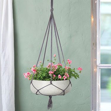 Patio Circular Small Hanging Pot With Netting In Cement Grey