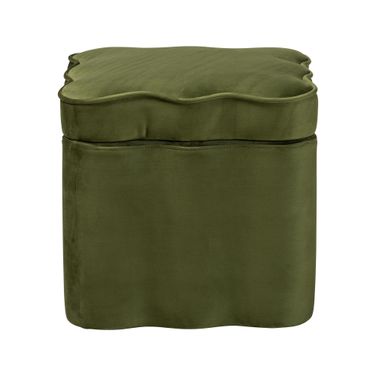 Paulina Velvet Lid Top Accent Stool with Interior Storage and Scalloped Outline In Black and Moss Green