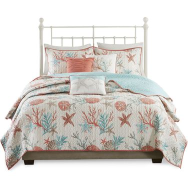 Pebble Cotton Sateen Printed 6 Piece Full Coverlet Set In Coral