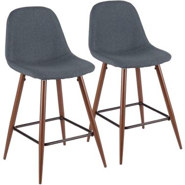 Pebble Mid-Century Modern Counter Stool In Walnut And Blue - Set Of 2