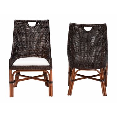 Petra Handwoven Wicker Natural Rattan Dining Chair with Wingback Profile Set of 2 In Espresso and Light Brown