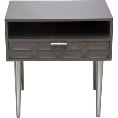 Petra Solid Mango Wood 1-Drawer Accent Table in Smoke Grey Finish with Nickel Legs