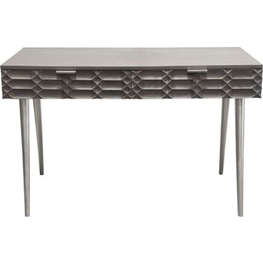 Petra Solid Mango Wood 2-Drawer Writing Desk in Smoke Grey Finish with Nickel Legs