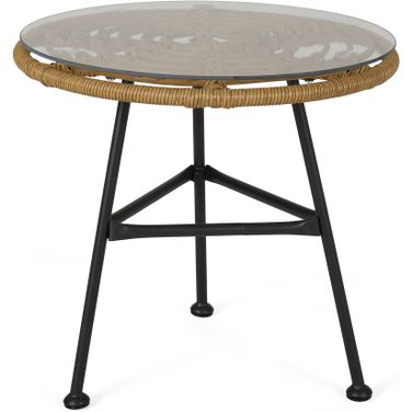 Petrichor Outdoor Side Table with Tempered Glass and Steel Frame In Light Brown