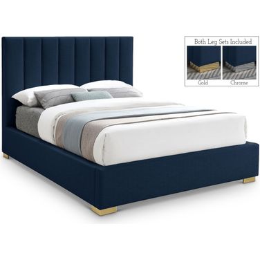 Pierce Linen Textured Fabric Queen Bed In Navy