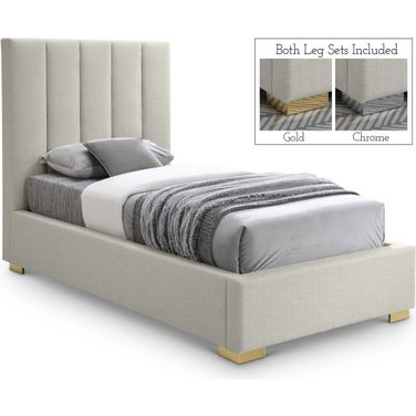 Pierce Linen Textured Fabric Twin Bed In Beige