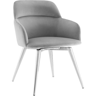 Pirouette Arm Dining Chair In Gray Fabric With Swivel Polished Stainless Steel Base