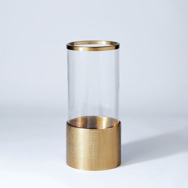 Plaid Etched Glass Hurricane In Antique Brass