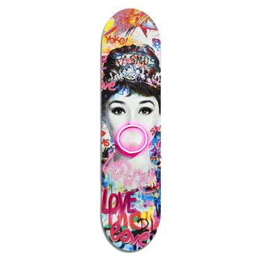 Playful Elegant Neon Portrait on Skateboard Deck Hand Embellished Neon Wall Art In Multi