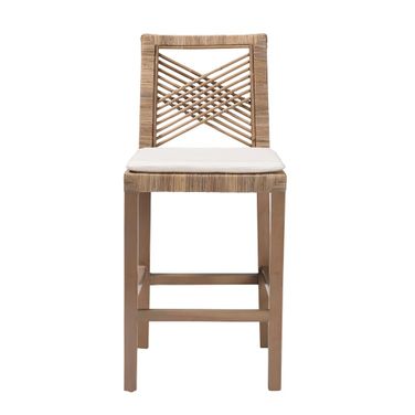 Poltak Natural Rattan and Mahogany Wood Counter Stool In Kubu Grey and Rustic Taupe