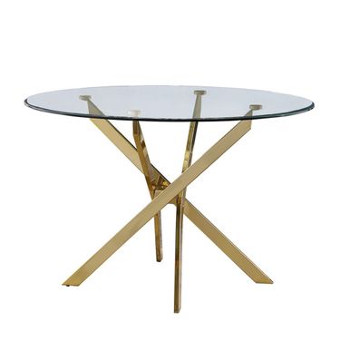 Poly Round Dining Table In Tempered Clear Glass and Gold Chrome