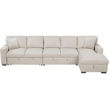 Pompano 3-Piece Sectional with Right Chaise, Pull-out Bed, Hidden Storages and Shelves, Charging Ports In Beige