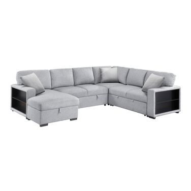 Pompano 4-Piece Sectional with Left Chaise, Pull-out Bed, Hidden Storages and Shelves, Charging Ports In Gray