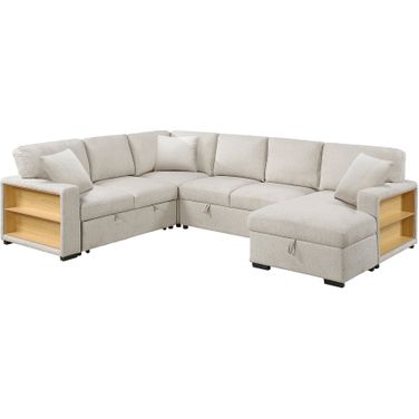 Pompano 4-Piece Sectional with Right Chaise, Pull-out Bed, Hidden Storages and Shelves, Charging Ports In Beige