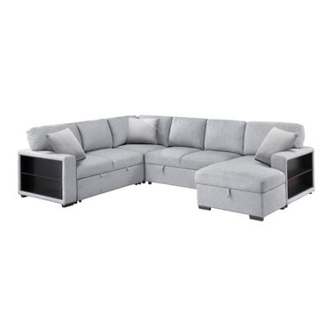 Pompano 4-Piece Sectional with Right Chaise, Pull-out Bed, Hidden Storages and Shelves, Charging Ports In Gray