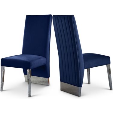 Porsha Velvet Dining Chair Set of 2 In Navy/Chrome