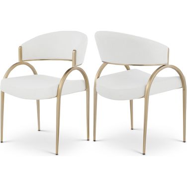 Privet Linen Textured Fabric Dining Chair Set of 2 In Cream/Brushed Brass