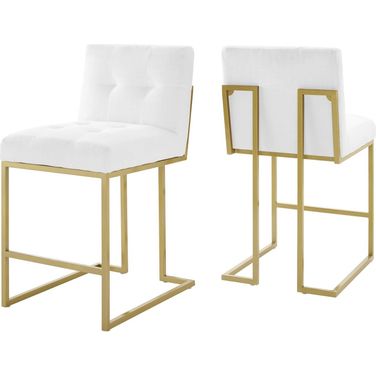 Privy Counter Stool Upholstered Fabric Set of 2 In Gold and White