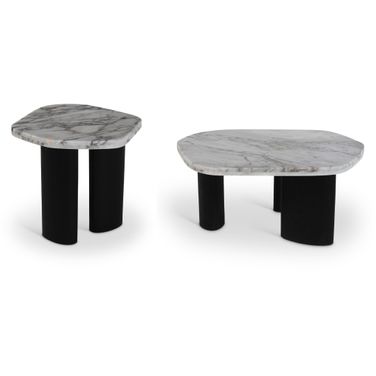 Puglia Marble Top and Oak Wood Base Occasional Table Set In White and Black