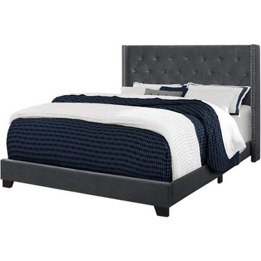 Queen Size Bed In Dark Grey Velvet With Chrome Trim I 5986Q