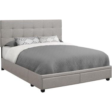Queen Size Bed In Grey Linen With 2 Storage Drawers