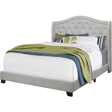 Queen Size Bed In Light Grey Velvet With Chrome Trim I 5967Q
