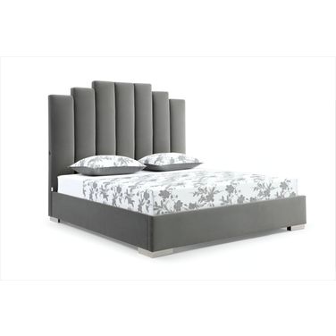 Queen Upholstered Vertical Channel Velvet Bed with USB In Grey