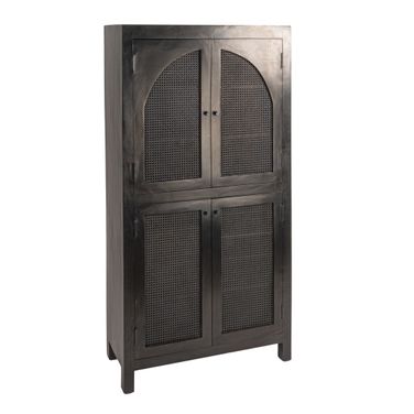 Quinn Mango Wood and Cane Arched Door Curio Cabinet In Black