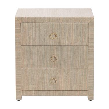 Quinn Woven Grasscloth 3-Drawer Nightstand In Natural and Gold