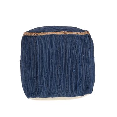 Quisa Bordered Hand-Loomed All-Natural Cotton Pouf with Jute Braid In Indigo