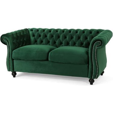 Quixotic Chesterfield Tufted Loveseat with Scroll Arms and Turned Legs In Emerald